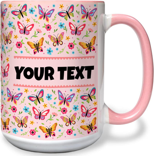 Personalized Mug for Kids - Butterflies - Custom Name/Text, Ceramic Hot Chocolate/Cocoa/Coffee Cup