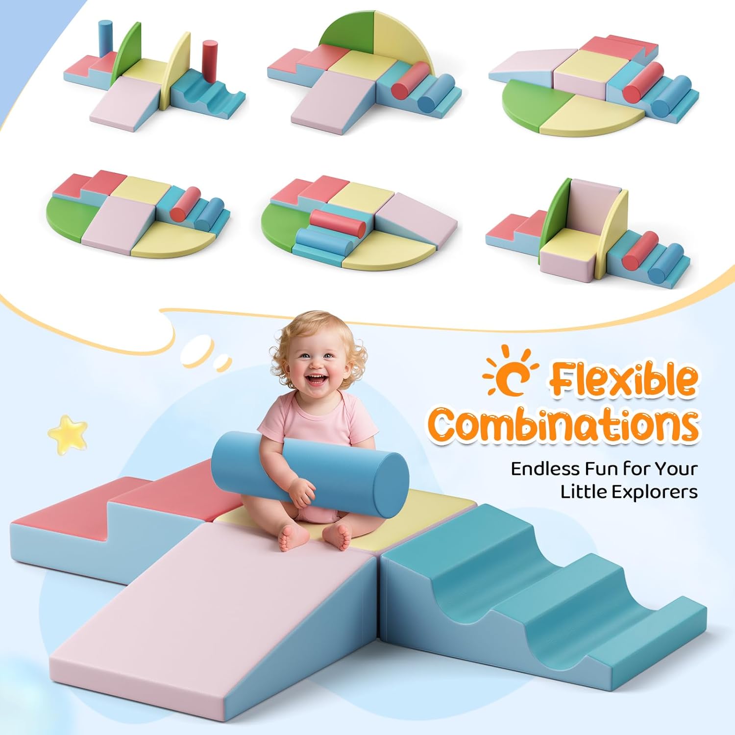 Lischwert Foam Climbing Blocks for Toddlers 1-3, 8pcs Soft Play Set with Crawling Exploration Toys