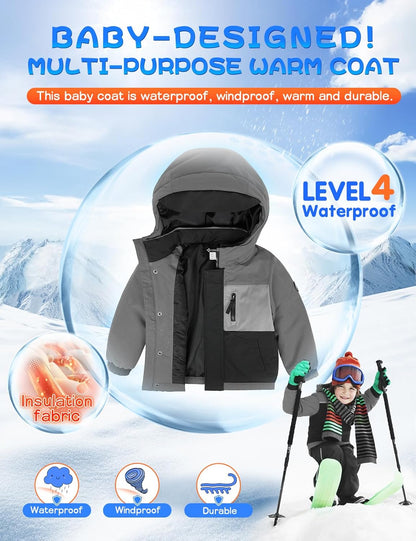 GEMYSE Toddler Boys Winter Coat Waterproof Ski Snow Jacket with Hood Thicken Warm Baby Jacket