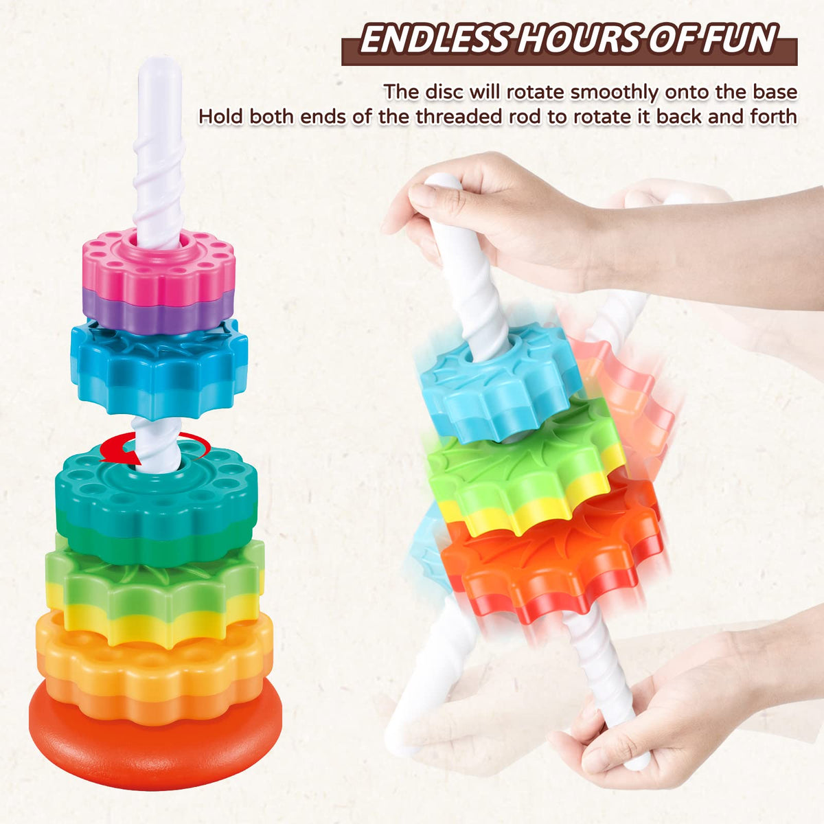 JUXUE Baby Spinning Stacking Toys for Toddlers 1-3, Rainbow Ring Stacker Montessori Toys for Babies