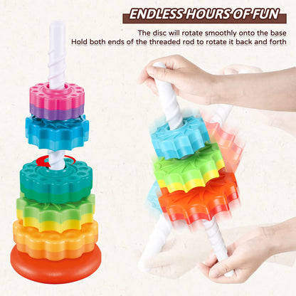 JUXUE Baby Spinning Stacking Toys for Toddlers 1-3, Rainbow Ring Stacker Montessori Toys for Babies