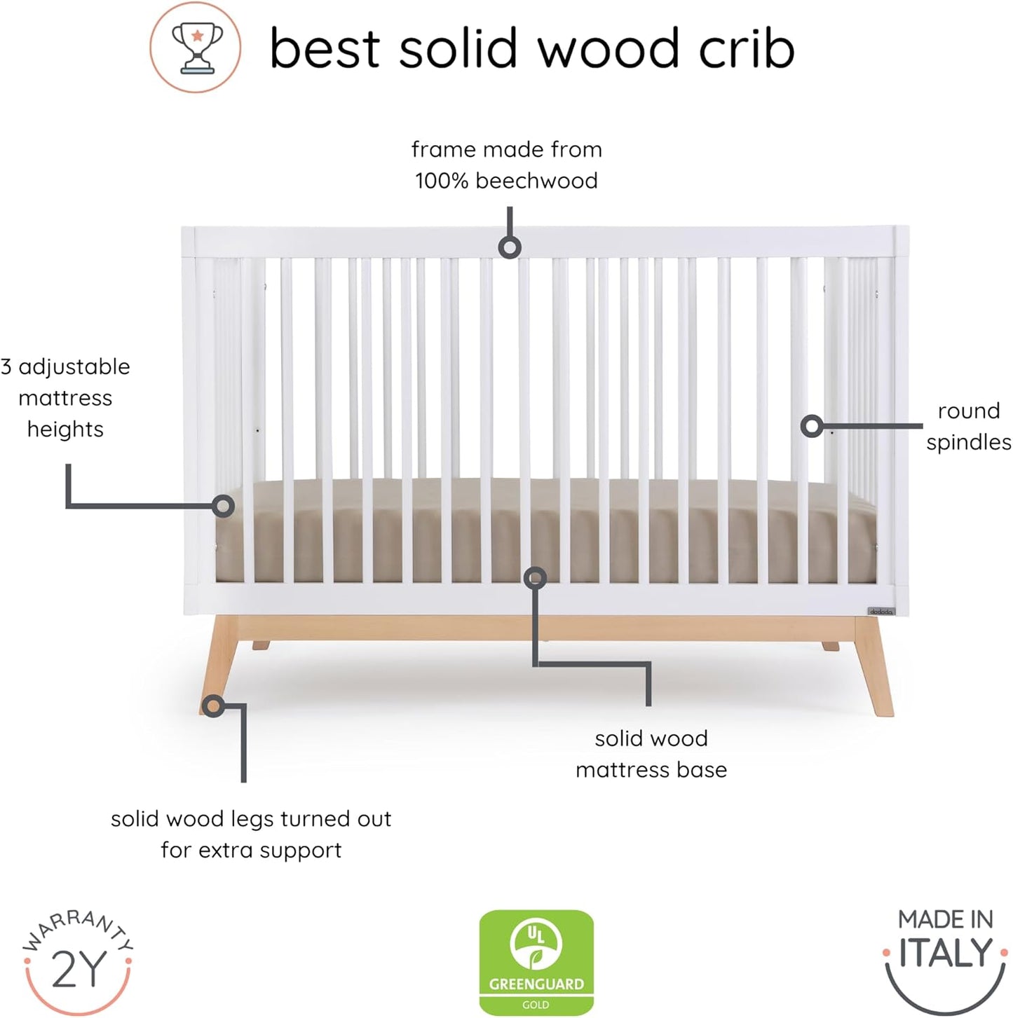 dadada Baby Soho 3-in-1 Convertible Wooden Crib to Toddler Bed - Made in Italy, GREENGUARD Gold