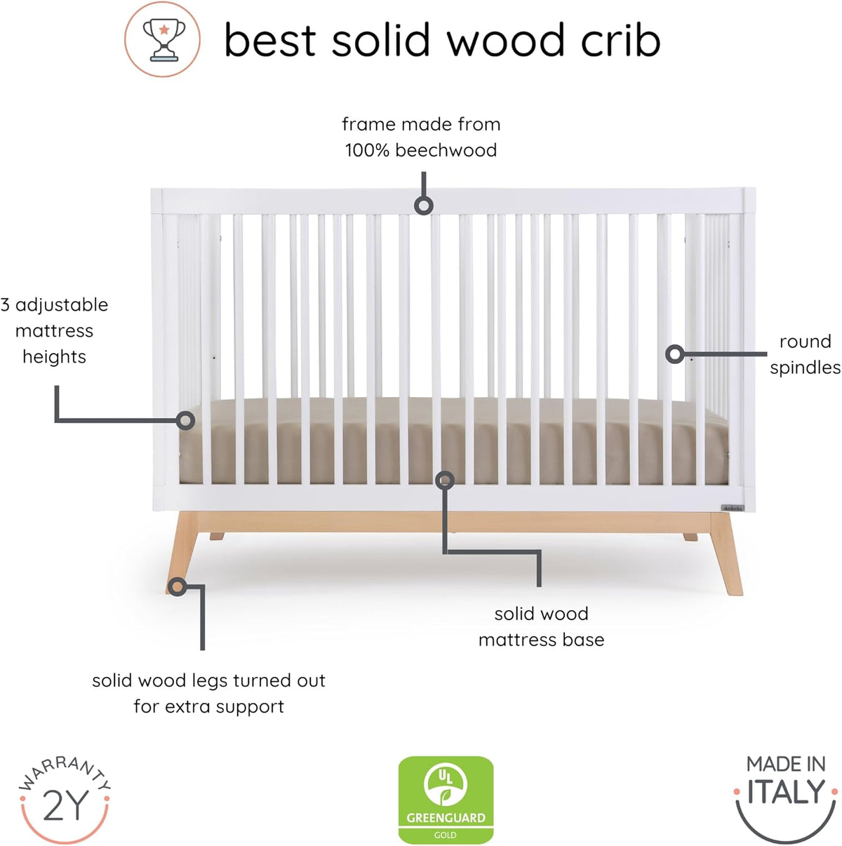 dadada Baby Soho 3-in-1 Convertible Wooden Crib to Toddler Bed - Made in Italy, GREENGUARD Gold