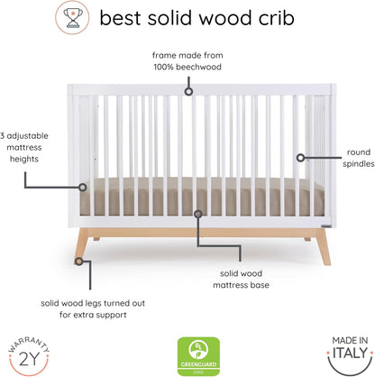 dadada Baby Soho 3-in-1 Convertible Wooden Crib to Toddler Bed - Made in Italy, GREENGUARD Gold