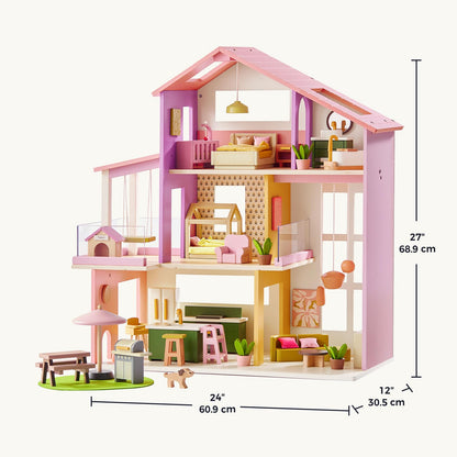 Tiny Land Wooden Doll House, Modern Family Dollhouse with Realistic Design