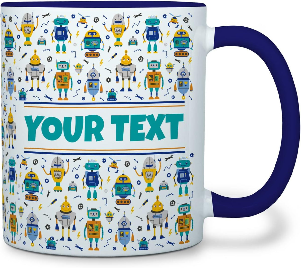 Personalized Mug for Kids - Robots - Custom Name/Text, Ceramic Hot Chocolate/Cocoa/Coffee Cup for