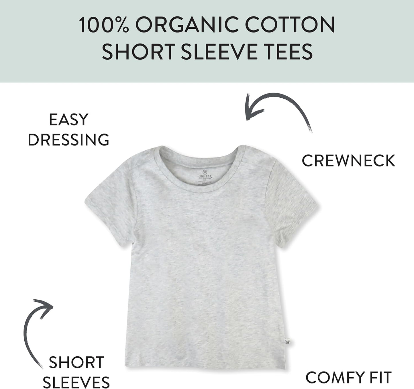 HonestBaby 5-Pack Short Sleeve T-Shirts 100% Organic Cotton Baby, Toddler, Little Kid, Boy, Girl