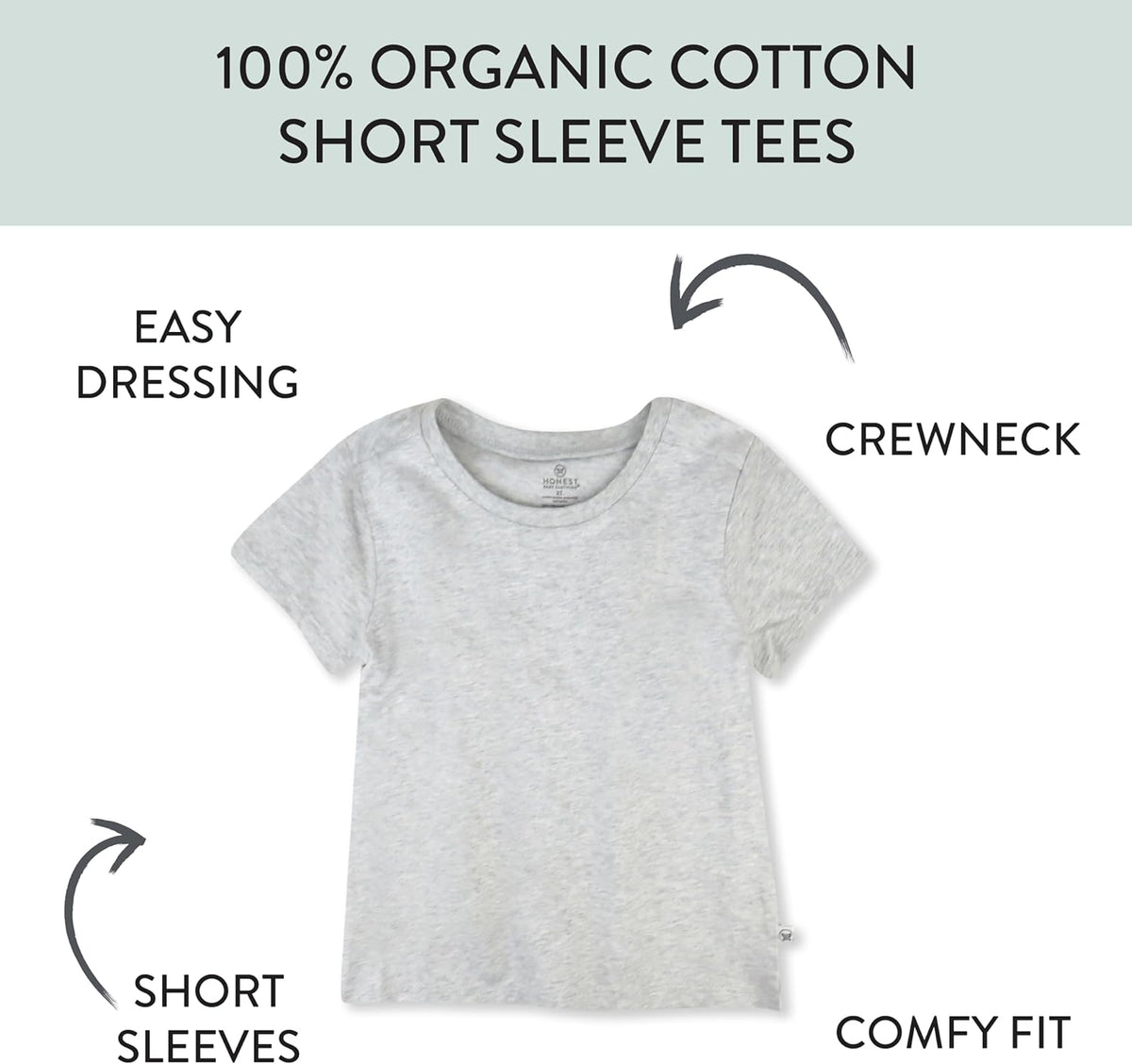 HonestBaby 5-Pack Short Sleeve T-Shirts 100% Organic Cotton Baby, Toddler, Little Kid, Boy, Girl