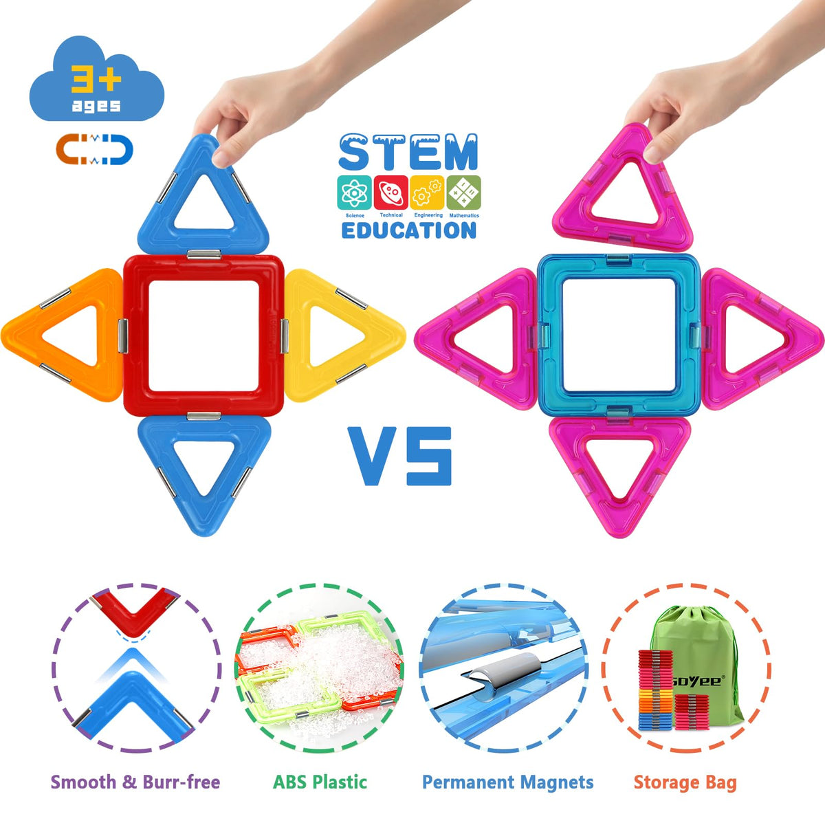 Coodoo Upgraded Magnetic Blocks Tough Tiles STEM Toys for 3+ Year Old Boys and Girls Learning by