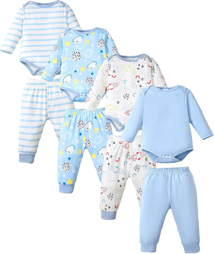 NZRVAWS Newborn Baby Boy Girl Clothes Unisex Infant Romper Pants Set Hat 4-Pack Outfits 0-12 Months
