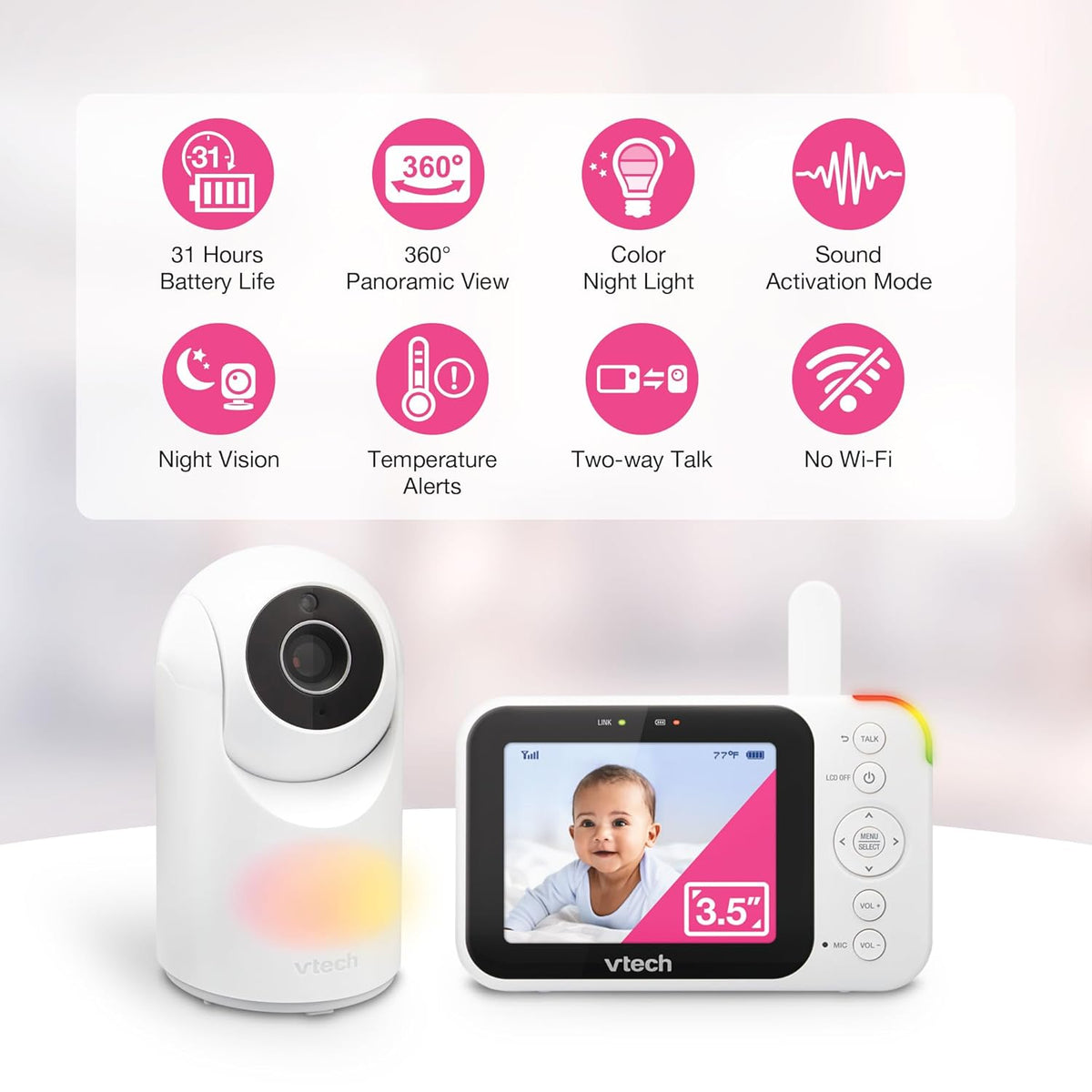 VTech Video Baby Monitor with Camera and Audio, 3.5" LCD Screen, Pan-Tilt-Zoom, 2-Way Talk, VOX