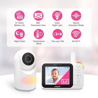 VTech Video Baby Monitor with Camera and Audio, 3.5" LCD Screen, Pan-Tilt-Zoom, 2-Way Talk, VOX