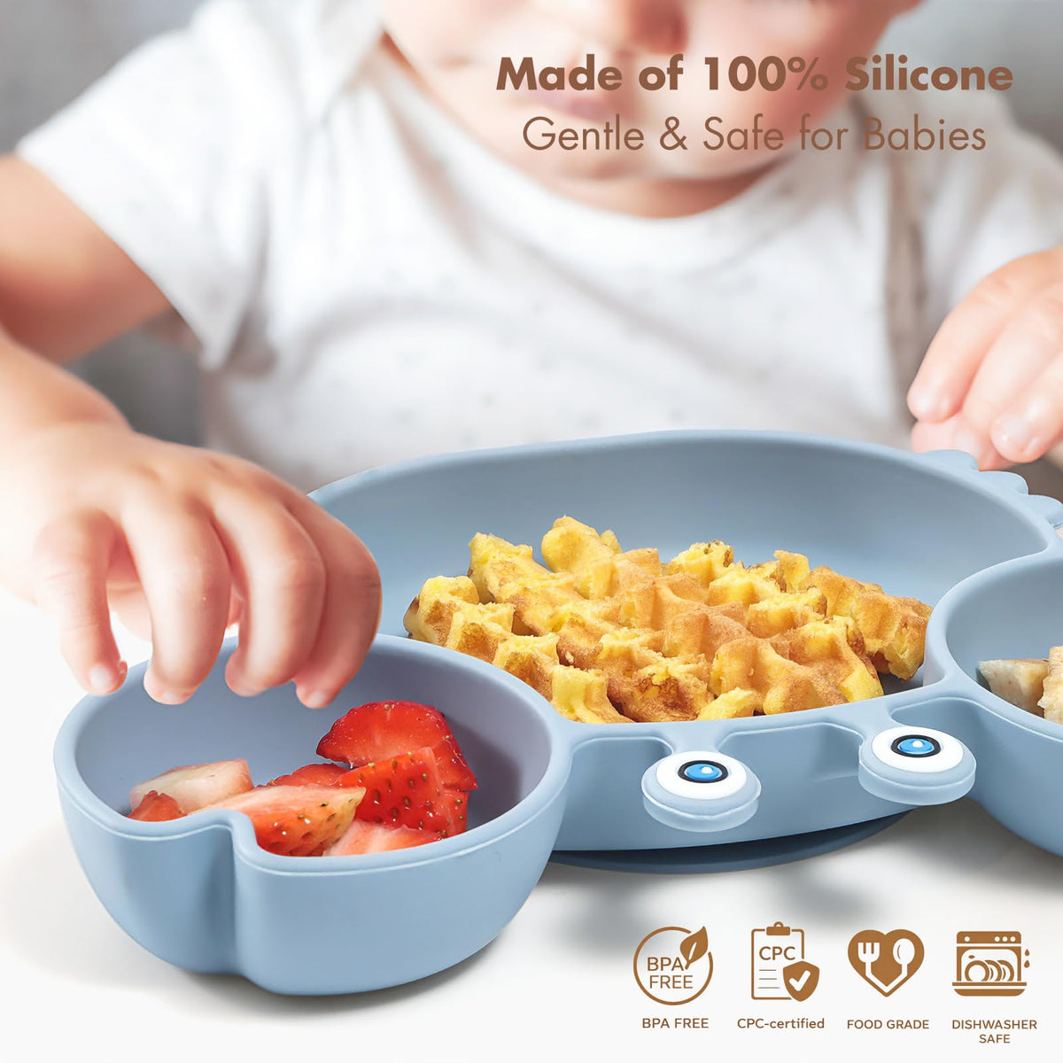 ROCCED Suction Plates for Baby, Silicone Plates with Suction Divided, Baby Spoon Fork Set for