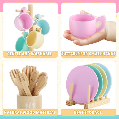 GAGAKU Kids Wooden Play Dishes Set -27Pcs Montessori Play Kitchen Accessories Plates and Bowls Set