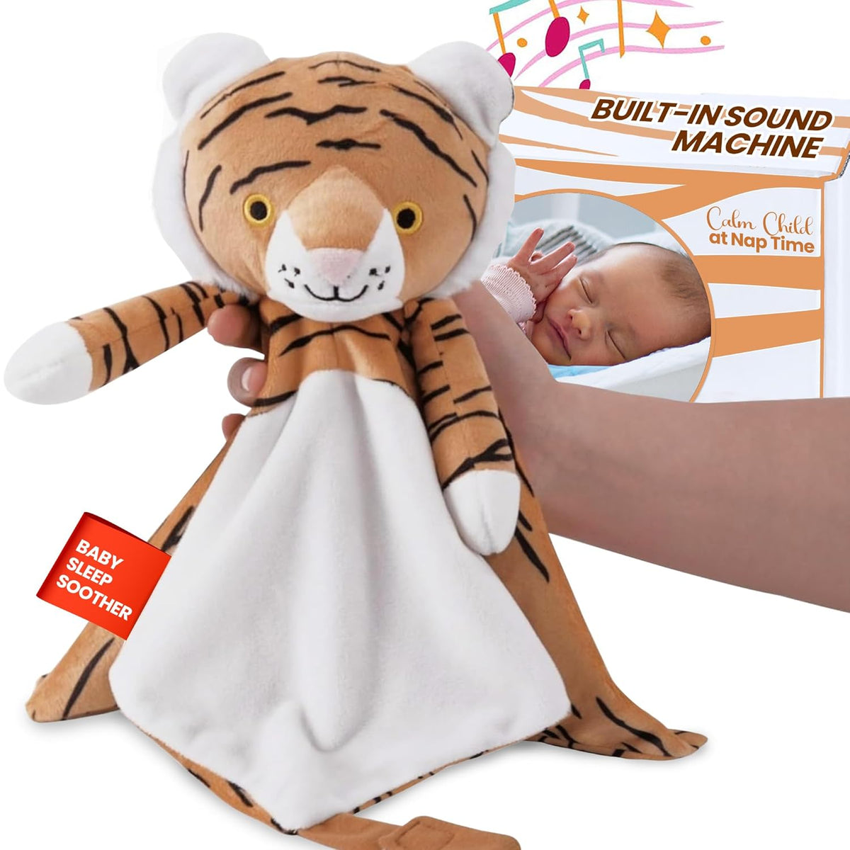 4-in-1 Sound Machine, Baby Lovey, Blanket - White Noise & Lullaby Plush Tiger - Calms & Reduces