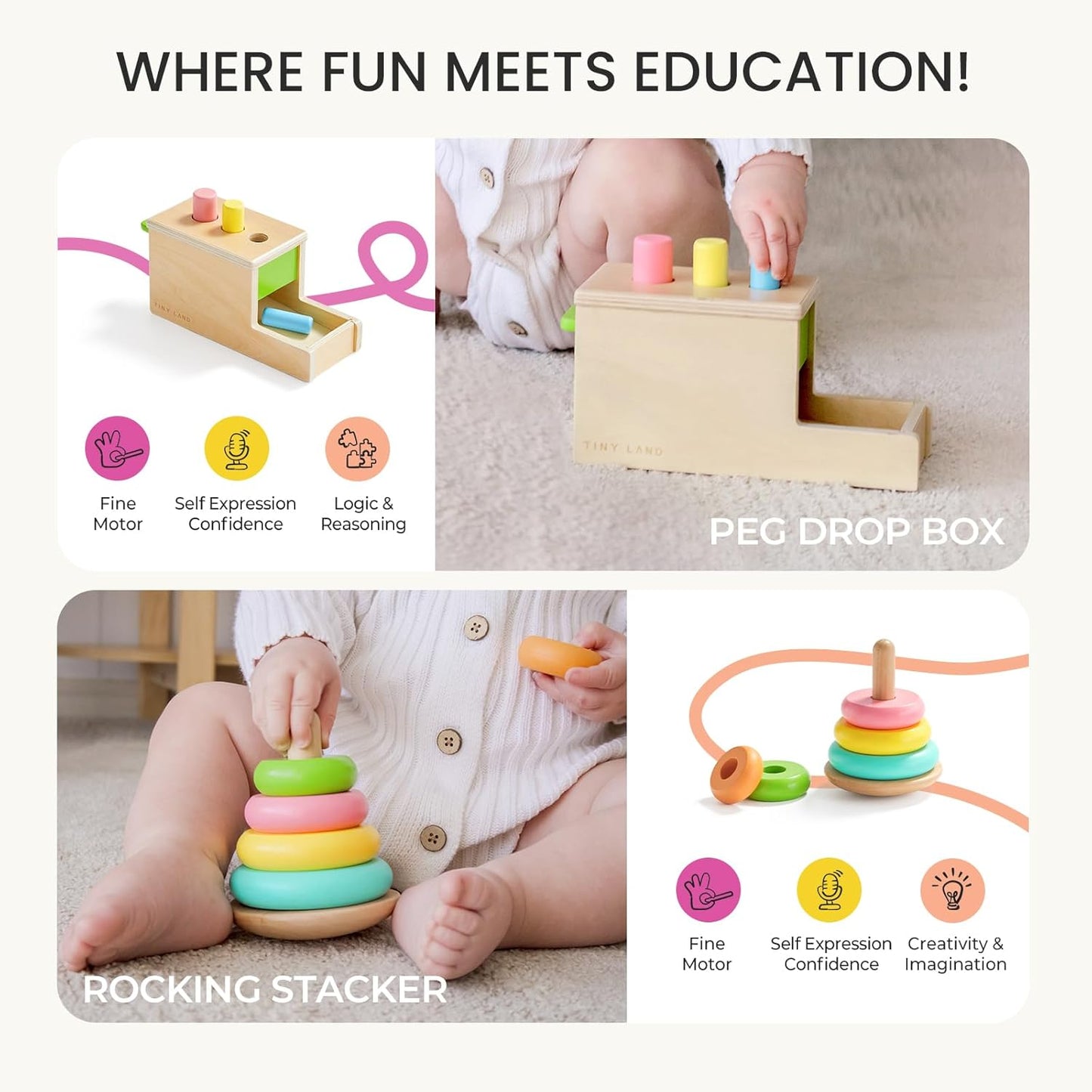Tiny Land Montessori Toy Set for Babies 1 Year Old Thinker Play Kit- 5-in-1 Wooden Learning Toys