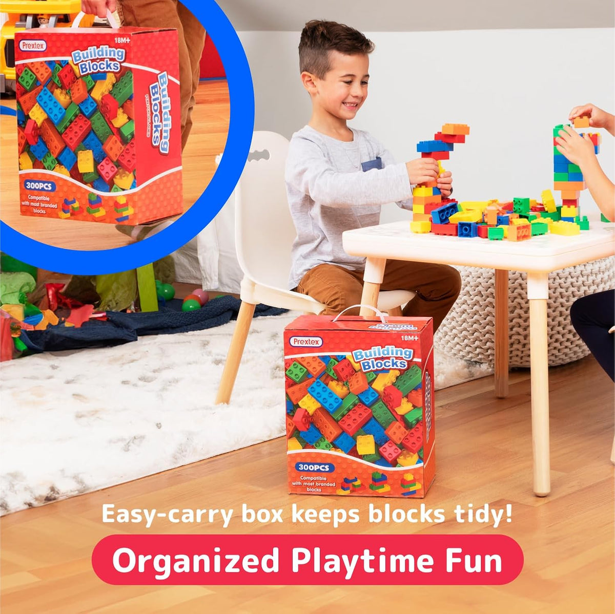 PREXTEX Building Blocks for Toddlers - 300 Jumbo Building Bricks with Carrying Box for Easy Storage