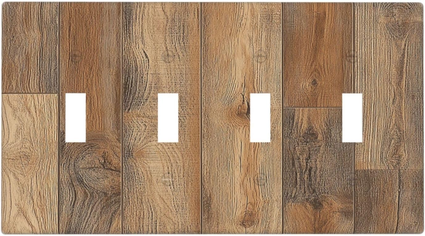 Light Switch Covers Retro Rustic Brown Wood Grain Quad Toggle Electrical Faceplate 4 Gang Wall