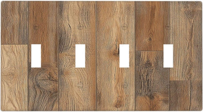 Light Switch Covers Retro Rustic Brown Wood Grain Quad Toggle Electrical Faceplate 4 Gang Wall
