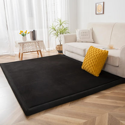 MAXYOYO Black Coral Velvet Area Rug, Thick Japanese Tatami Mat Living Room Carpet with Non-Slip