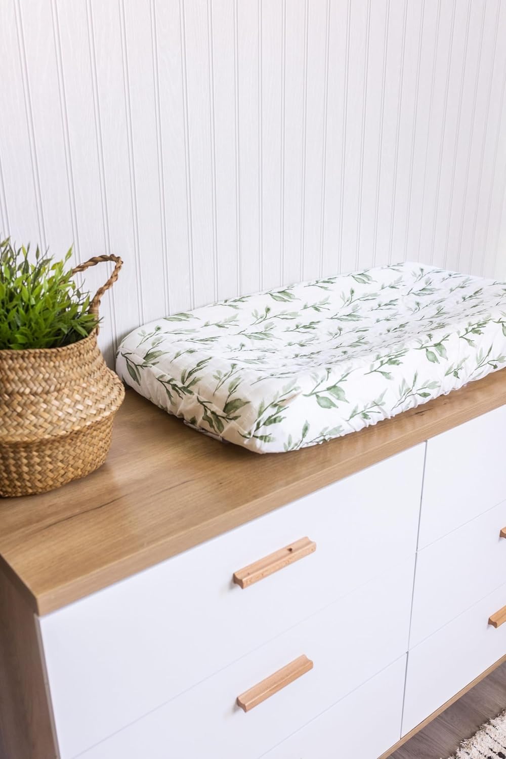 Crane Baby Green Leaf, Quilted Changing Pad Cover, 100% Cotton Sateen, 16in X 32in, Fitted with