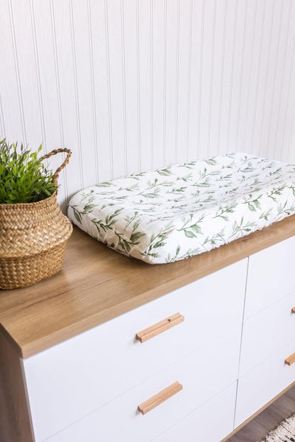 Crane Baby Green Leaf, Quilted Changing Pad Cover, 100% Cotton Sateen, 16in X 32in, Fitted with
