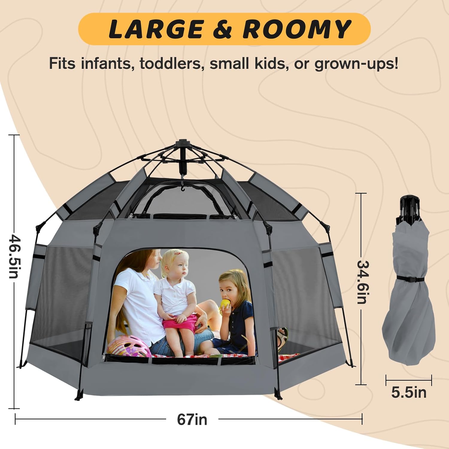 Pop Up Playpen for Babies with Canopy & Safety Lock - Outdoor Baby Playpen with 6 Ground Stakes & 6