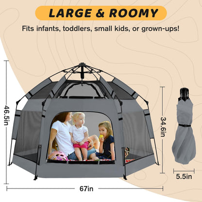 Pop Up Playpen for Babies with Canopy & Safety Lock - Outdoor Baby Playpen with 6 Ground Stakes & 6