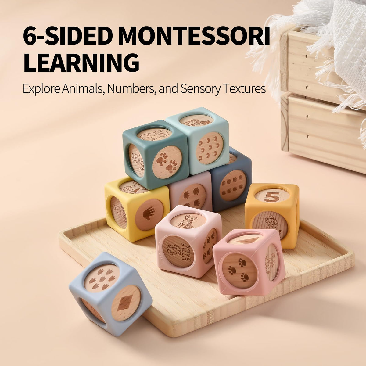 Little Rawr 9 Pcs Baby Silicone & Wooden Stacking Blocks, Food-Grade Silicone Baby Toy with Natural