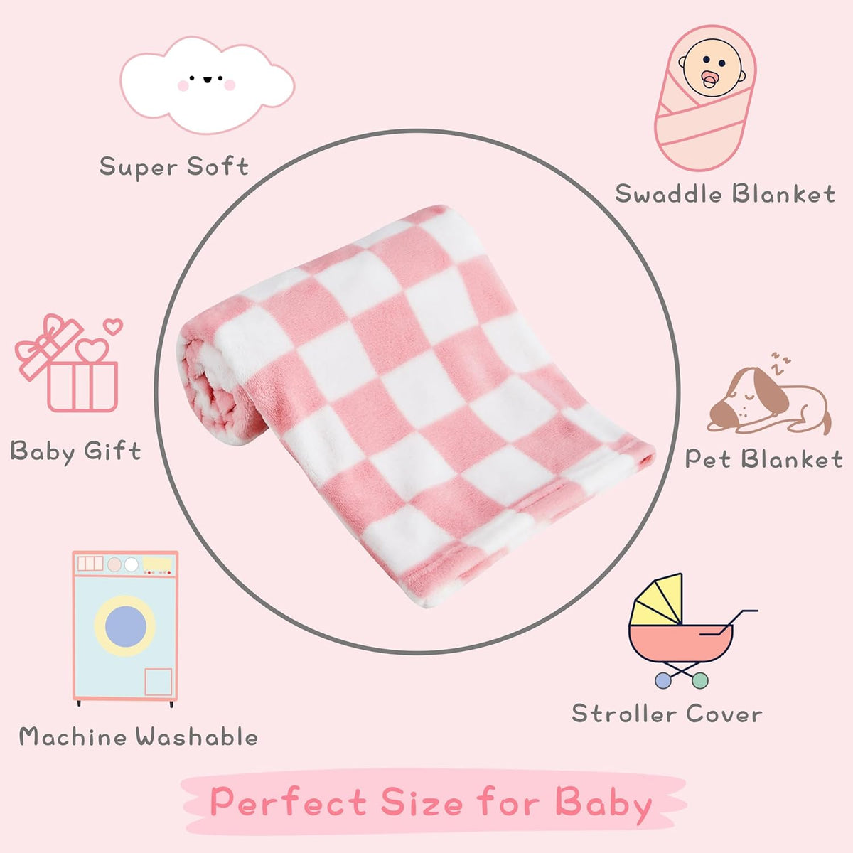 Yurhap Checkered Baby Blanket for Girls Pink Fleece Baby Blankets for Girls Boys, Warmer Comfort