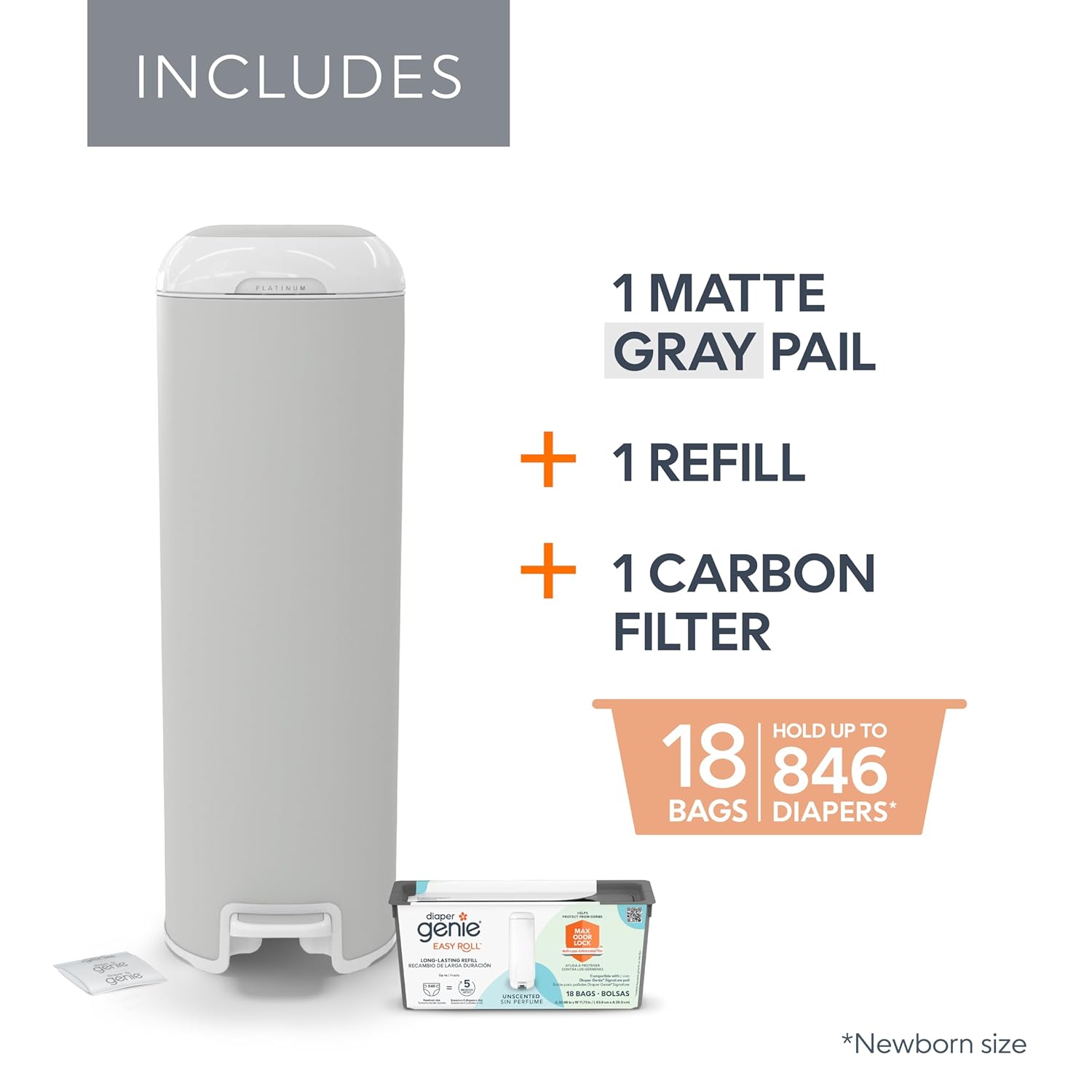 Diaper Genie Platinum Pail (Stone Grey) is Made in Durable Stainless Steel and Includes 1 Easy Roll