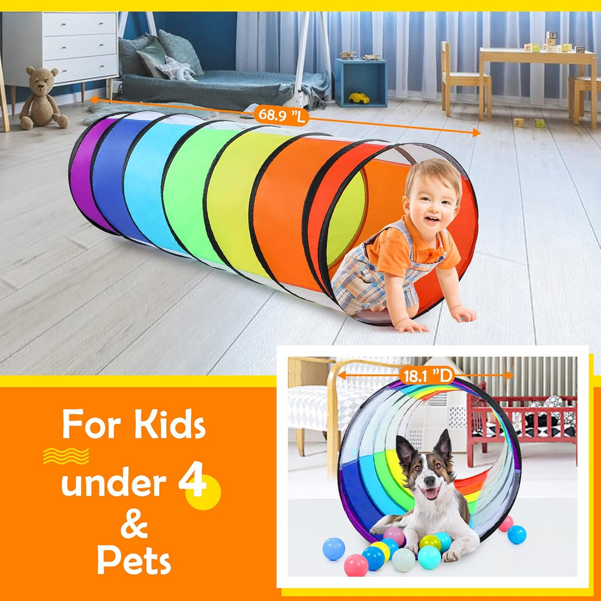 Moncoland Kids Play Tunnel Tent for Toddlers, Colorful Pop Up Crawl Toy Baby Children or Dog Cat