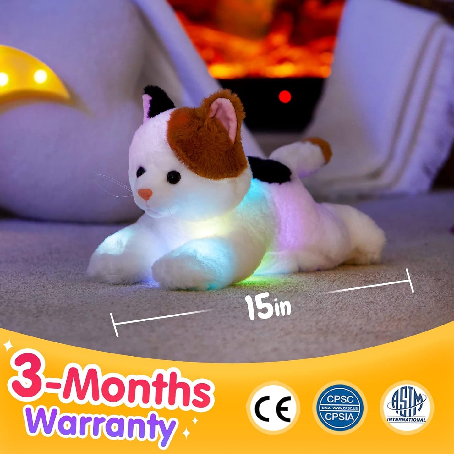 Glow Guards Light up Calico Cat Stuffed Animal LED Soft Kitty Plush Toy Pillow with Night Lights