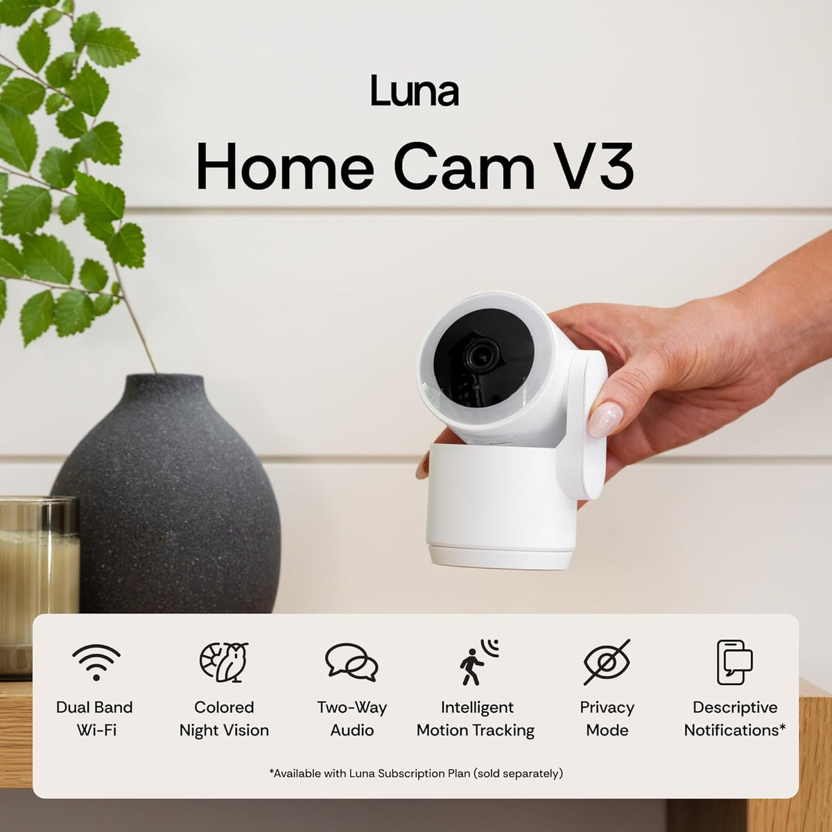 Luna 2K Indoor Cameras for Home Security, 2.4GHz & 5GHz WiFi, 360-Degree Pan-Tilt, Built-in