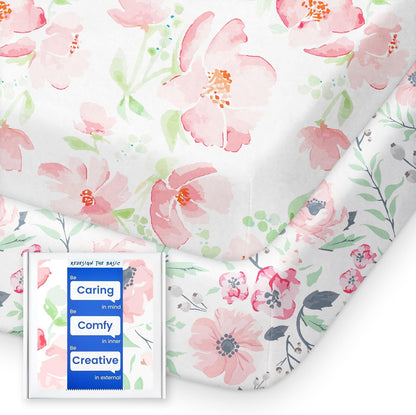 Pack N Play Sheets Girl, TotBasic Floral Mini Crib Sheets Fitted, Premium Jersey Knit Pack and Play