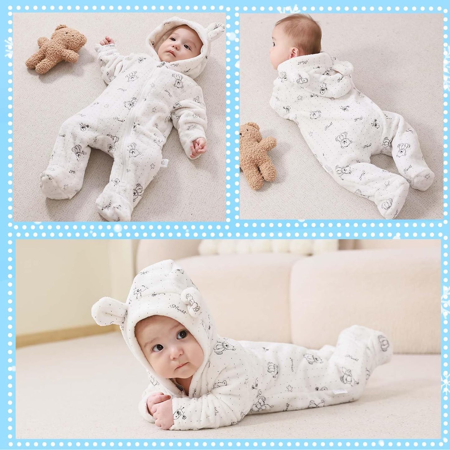 Fairy Baby Newborn Baby Bear Onesie Thin Fleece Footie Romper Snowsuit Hooded Jumpsuit Bodysuit