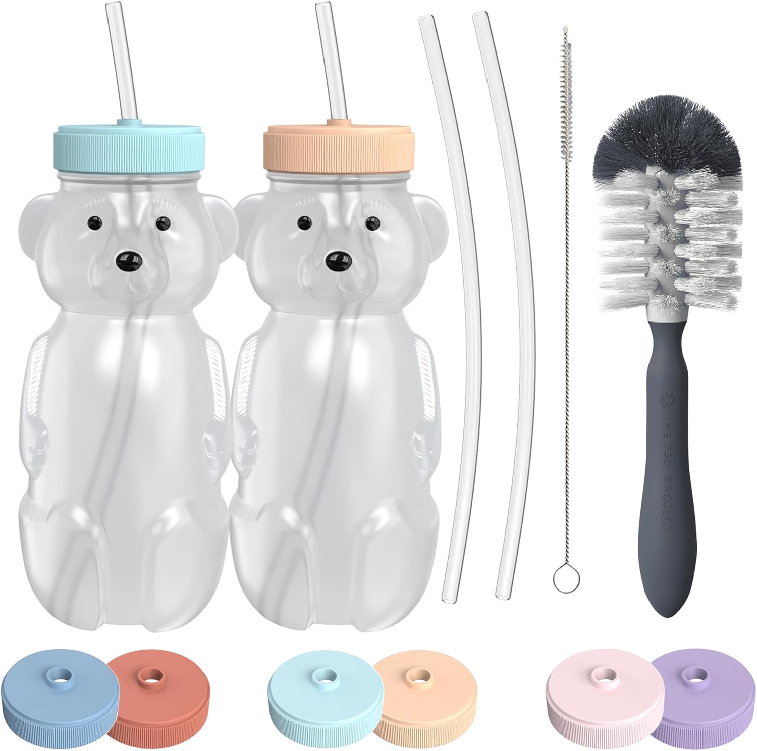 Honey Bear Straw Cup for Babies, 8oz Honey BearCup with Bottle Brush, 2-Pack Improved Lid Therapy