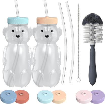 Honey Bear Straw Cup for Babies, 8oz Honey BearCup with Bottle Brush, 2-Pack Improved Lid Therapy