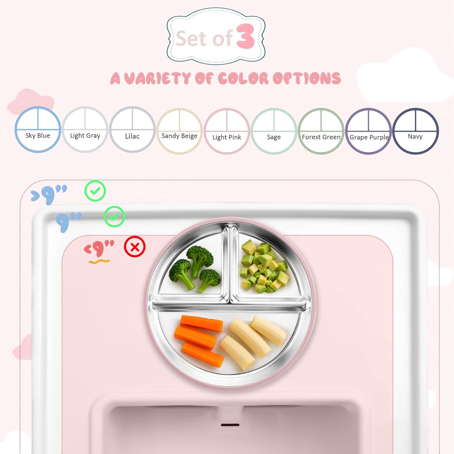 Stainless Steel Suction Plates for Toddlers, 9" Divided Kids Baby Plates with Removable Silicone