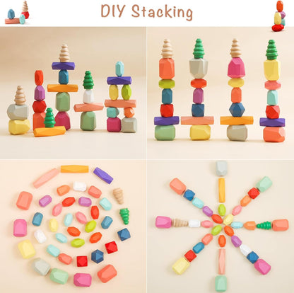 OESSUF Stacking Rocks 48Pcs Stacking Blocks Balancing Stacking Stones Wooden Building Toys Wood