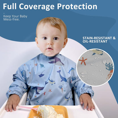 Long Sleeve Baby Bibs for Toddlers, Waterproof, Boys Girls Smock with Food Catcher Pocket for