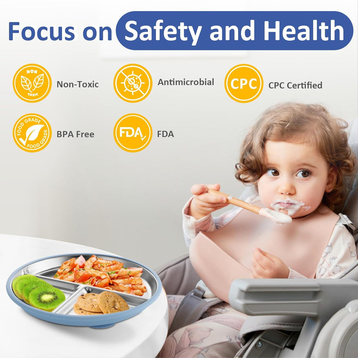 Stainless Steel Toddler Plate with Suction, 9” Divided Plates with Removable Silicone Sleeves for