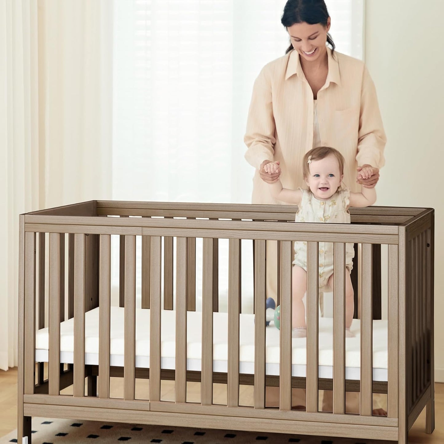 EvoNest Baby Crib, 11 in 1 Convertible Mini Crib with Wheels, 100% New Zealand Wood Growing Bed, 4