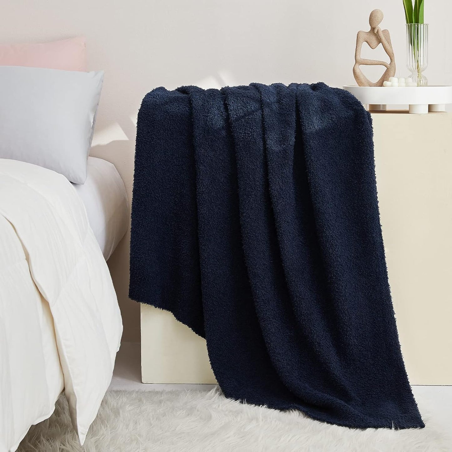 CYMULA Super Soft Knit Throw Blanket Twin Size Navy-Lightweight Plush Fuzzy Fluffy Warm Cozy