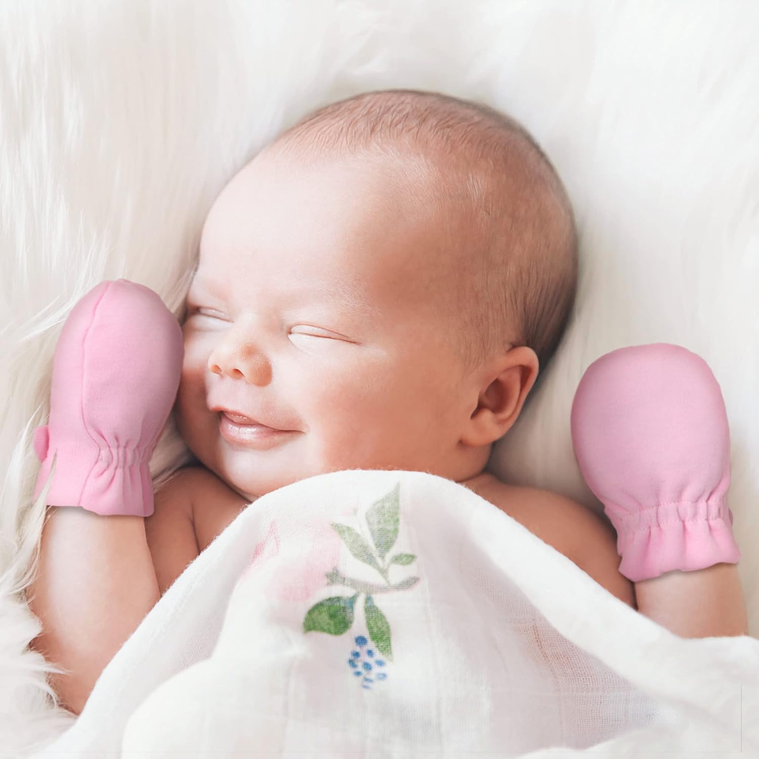 Newborn Baby No Scratch Mittens Stay On, 100% Cotton Breathable, Adjustable Infant Gloves for Baby