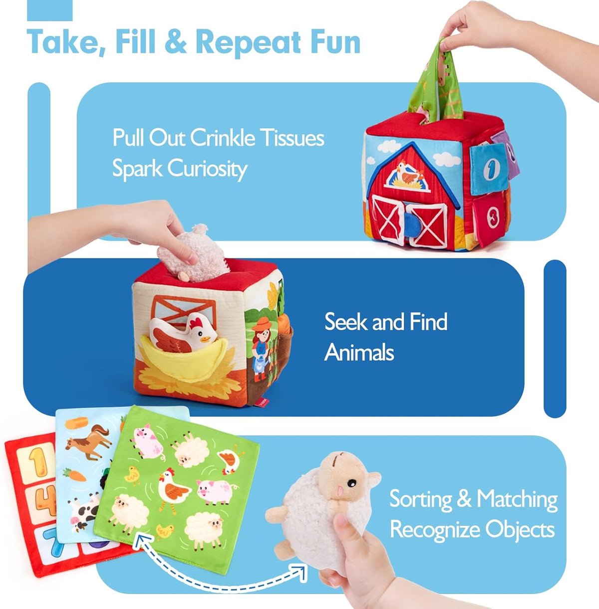 hahaland Baby Seek and Find Sensory Farm Animals Plush - 13 PCS Whats Inside Box with Rattle