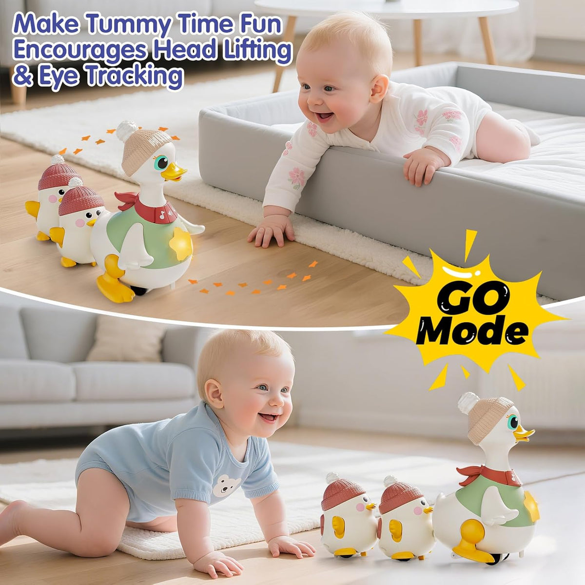 HOLA Baby Toys 6-12 Months Musical Dancing Duck Toy Set with Mama and Babys Tummy Time Toys
