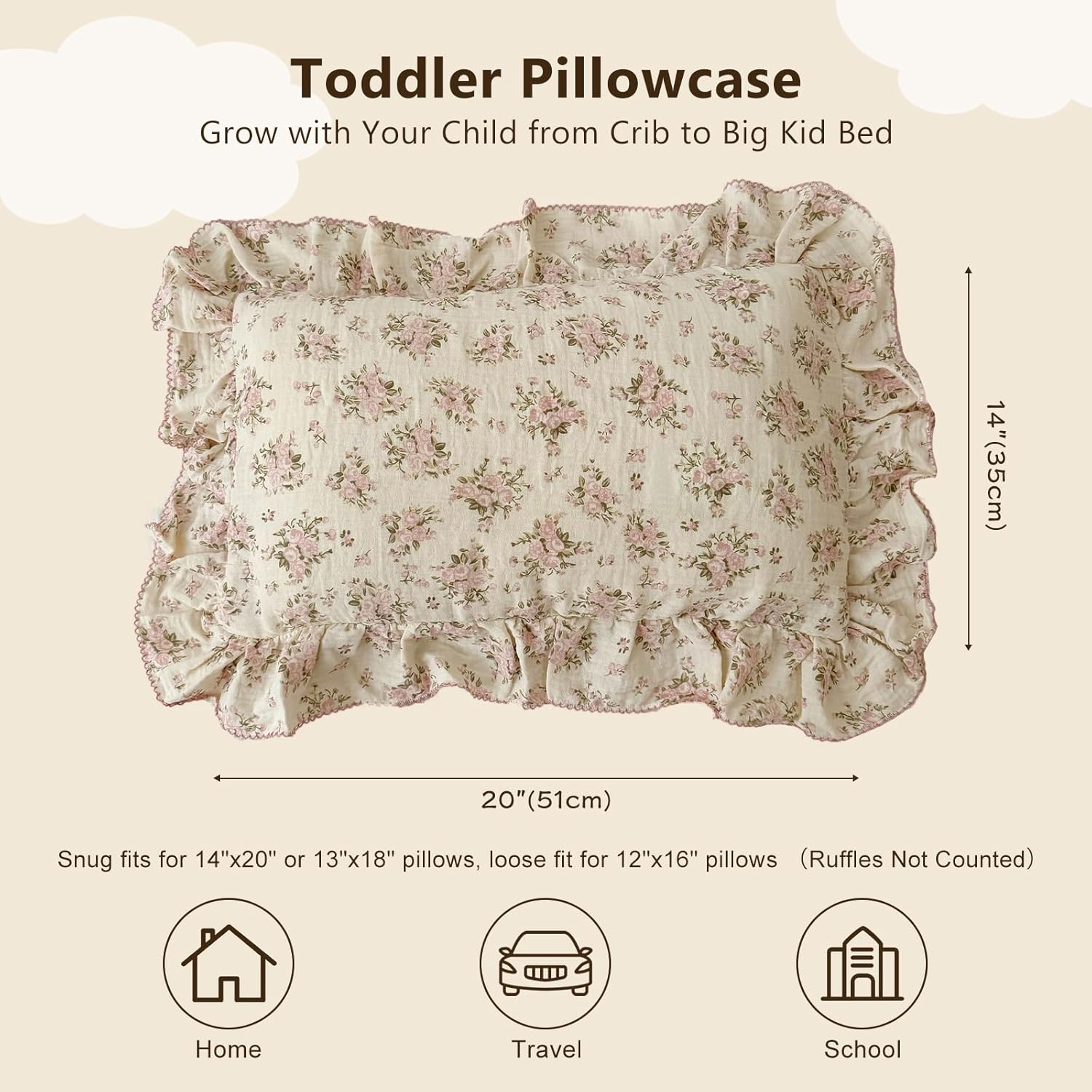 BuLuTu Muslin Cotton Toddler Pillowcases 14"x20", Shabby Chic Pink Floral Kids Pillow Cases Fit