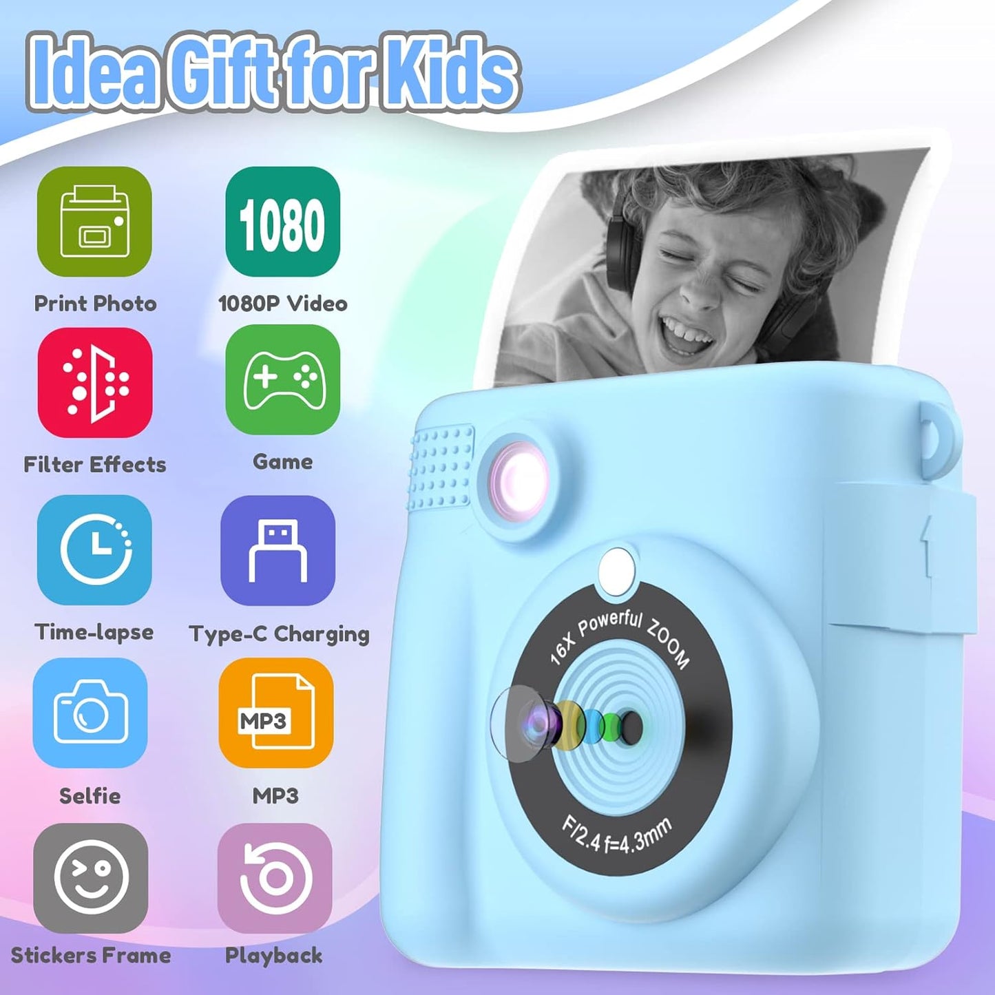 Kids Camera Instant Print, Christmas Birthday Gifts for Kids Age 3-12, Selfie Digital Camera with
