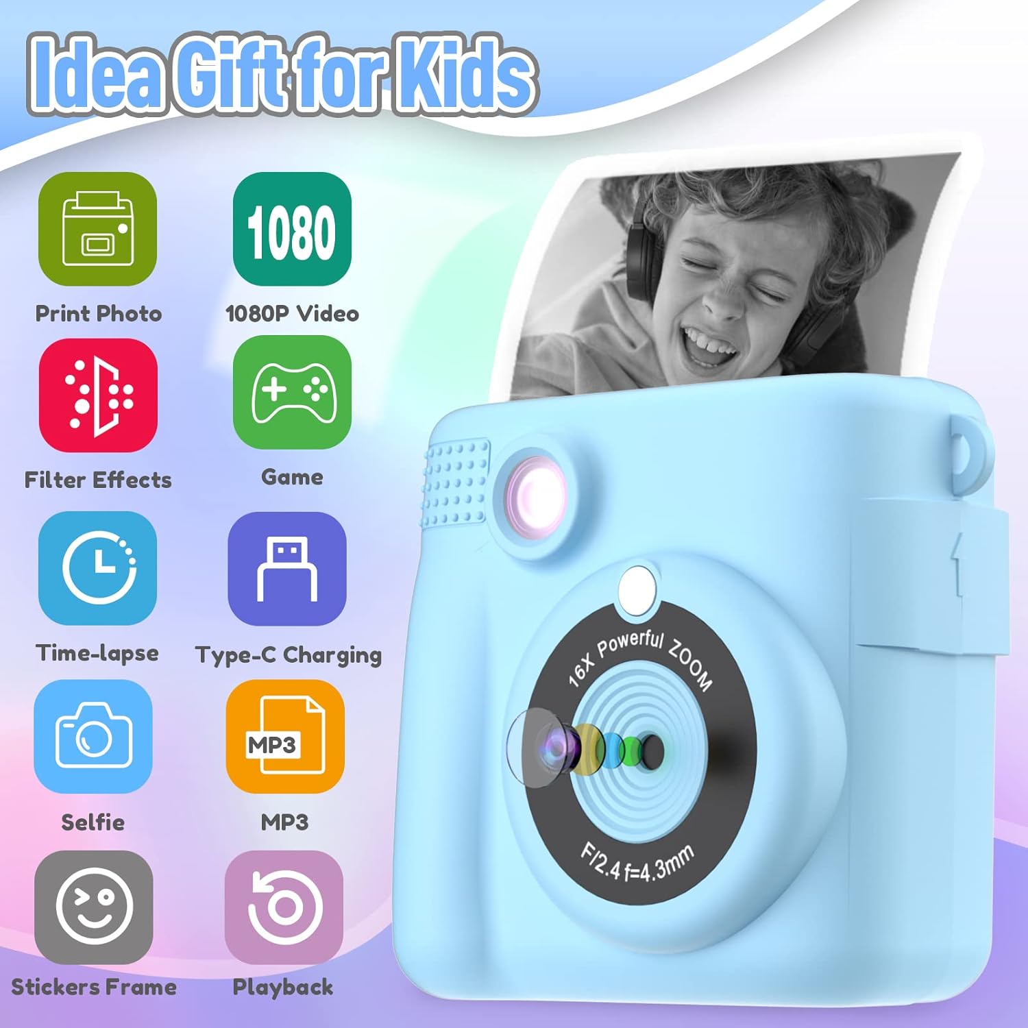 Kids Camera Instant Print, Christmas Birthday Gifts for Kids Age 3-12, Selfie Digital Camera with